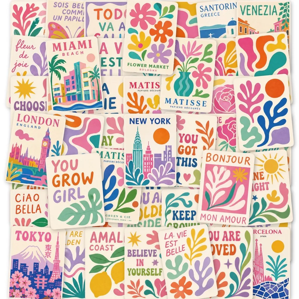 50Pcs Stamp Matisse Art Stickers, French Inspirational Text & City Scenery Decals for Journal Collage Giajar Sticker Store