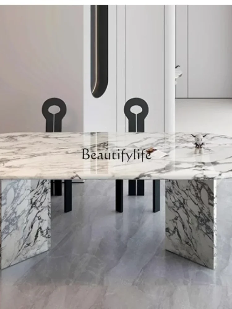 

02Natural marble French cream style light luxury modern simple rectangular dining table
