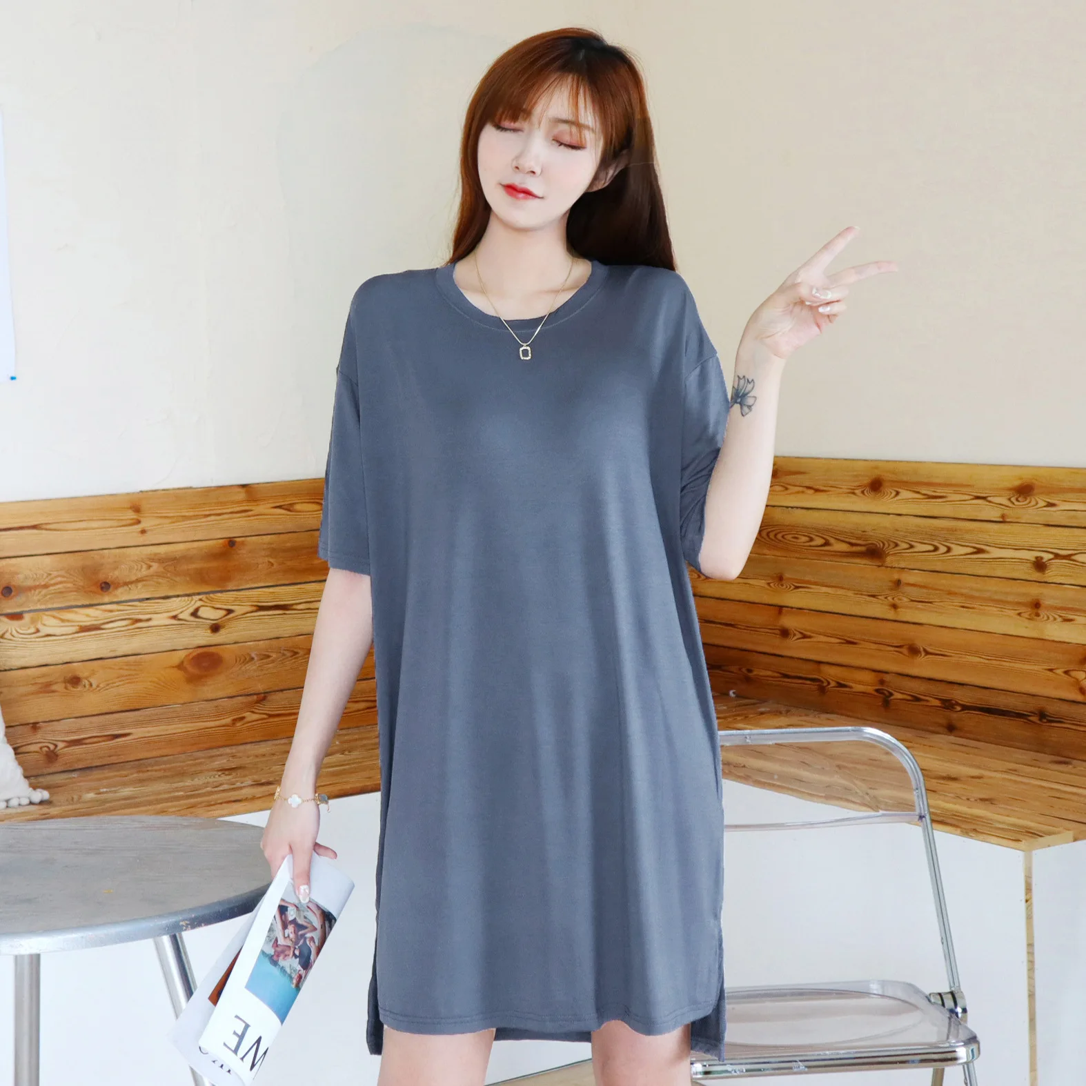 Robe t-shirt à col rond, grande taille, manches courtes, couleur unie, décontractée, confortable, vêtements de maison, tenue de nuit