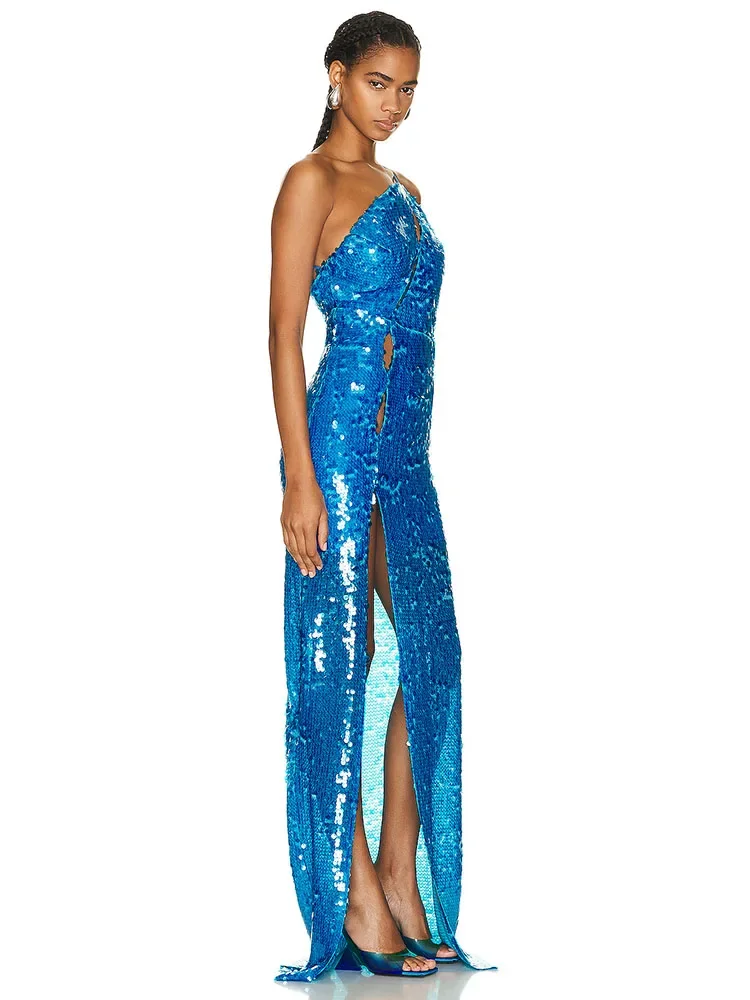 Vestido largo sin mangas con abertura de lentejuelas para mujer, vestido Sexy con un hombro al descubierto, cuello Diagonal, azul, fiesta de noche, nuevo