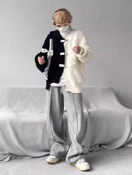 2025 خريف شتاء جديد غير النظامية أبيض رمادي تقسم سترة الرجال زر معدني فضفاض أسود فضفاض سترة مشغولة من الصوف #5