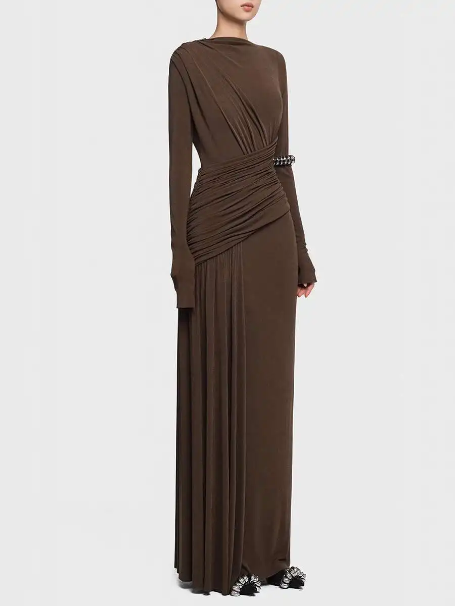 BJTZ Round Neck Asymmetrical Pleated Slim Fit Dress For Women 2025 Spring  Autumn Temperament Design Long Dresses Female Clothes - AliExpress 200000345