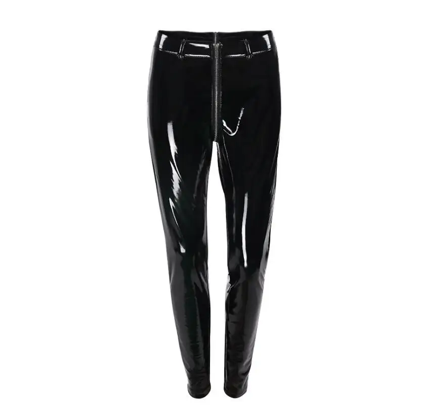 S-5XL Black PU Leather Skinny Trousers Women Slim Zipper Open Crotch Pants Latex Leggings Nightclub Pencil Pant Push Up Hip