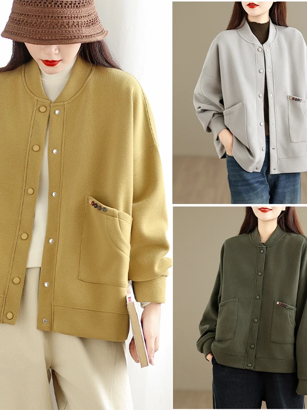 Jaqueta de Mole de Aodão Tricotado Autêntica Estilo Outono com Gola de Beisebol Ajuste Solto para Mulheres Casaco de Inv...