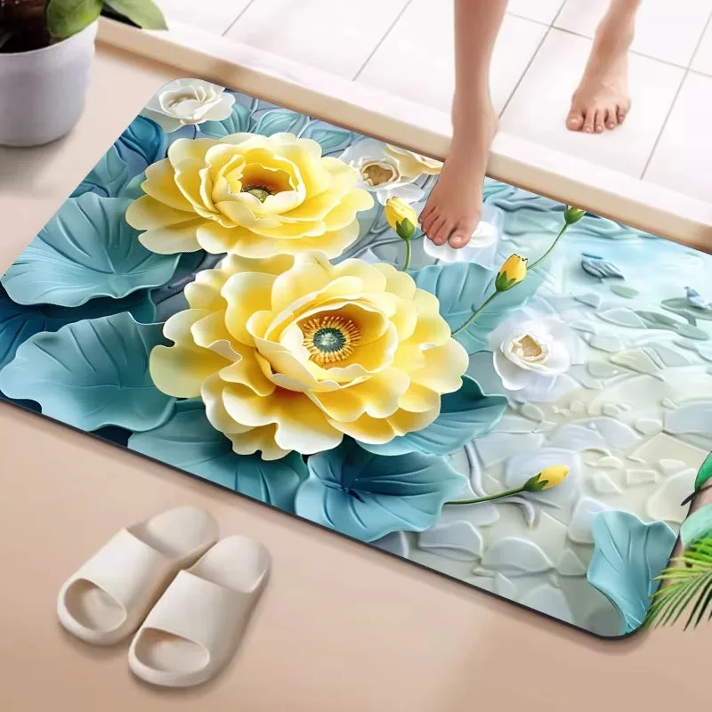 Floral Bathroom Rug, Quick Dry Water Absorbing Non-slip Floor Mat for Washroom Entrance
