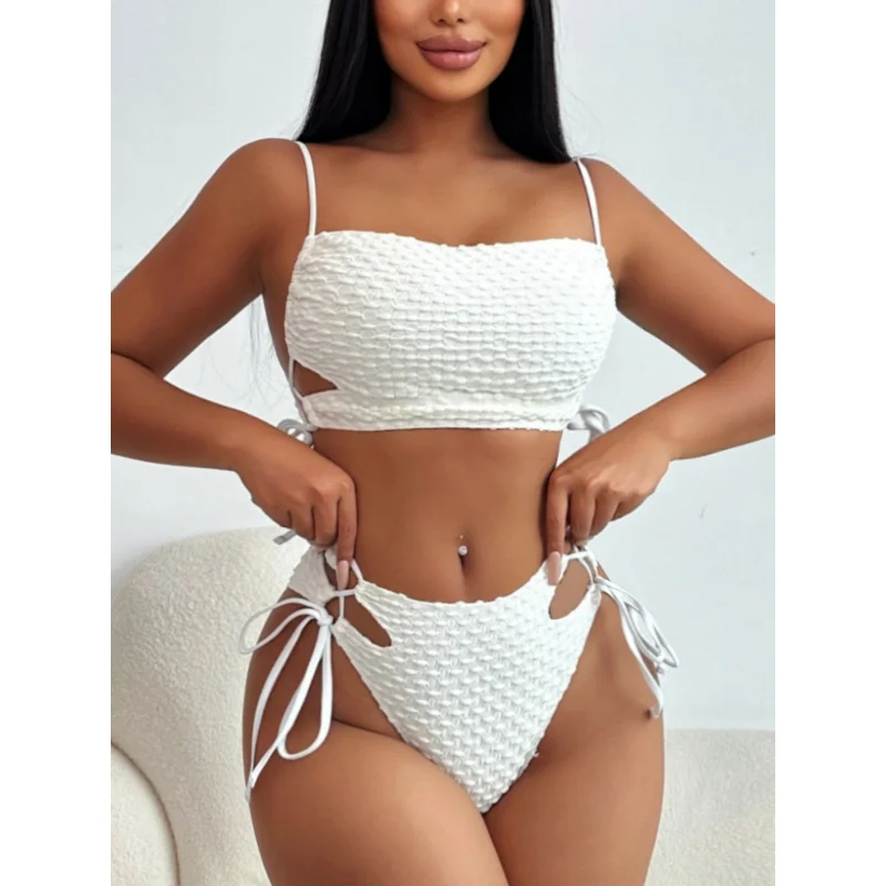 Luanguo New Style Bikini Off-White Sexy Swimsuit for Women-Split-Drawstring SwimwearLG398