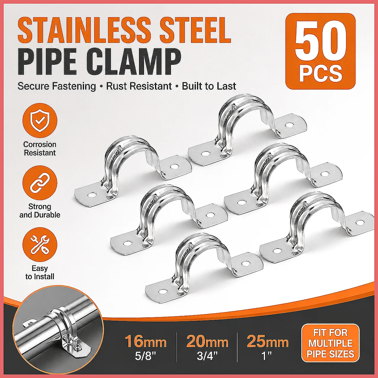 50pcs Stainless Steel Pipe Clamps 16/20/25mm U-Shaped Tube Clip 2 Hole Rigid Pipe Straps Bracket Holder Fastener