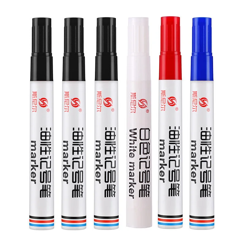 Stylo de marque en métal étanche sans décoloration en continu, encre huileuse, blanc, noir, rouge, bleu, usine d'ingénierie mécanique, 3.0, 6 pièces