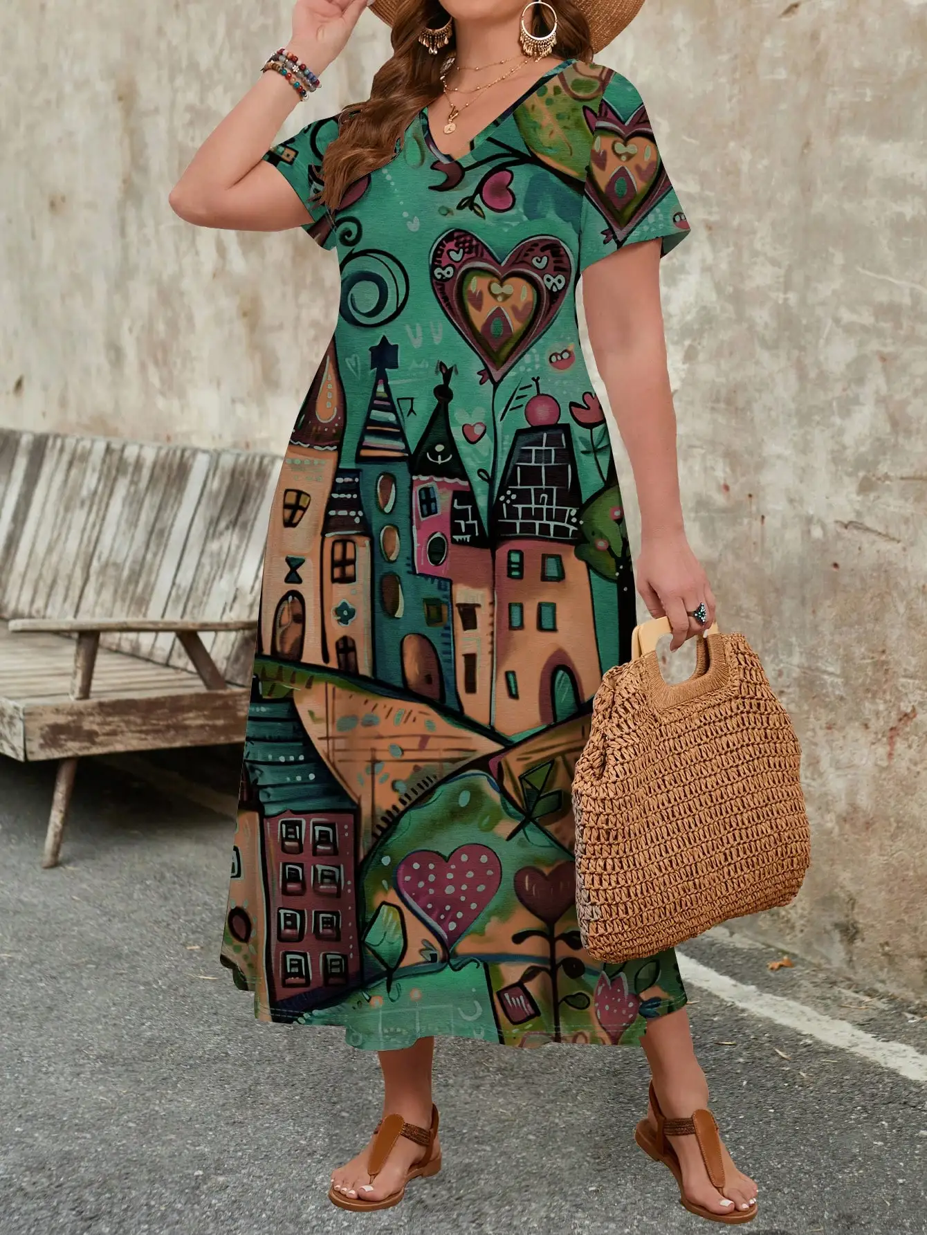 

Женское повседневное платье миди с V-образным вырезом и короткими рукавами в богемном стиле с принтом для летнего пляжного отдыха