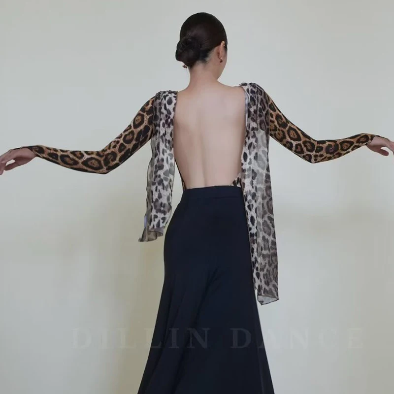 긴 소매 볼룸 댄스 탑 여성 라틴 댄스 연습 의류 레오파드 블랙 브이넥 백리스 바디수트 댄스웨어 BL18287