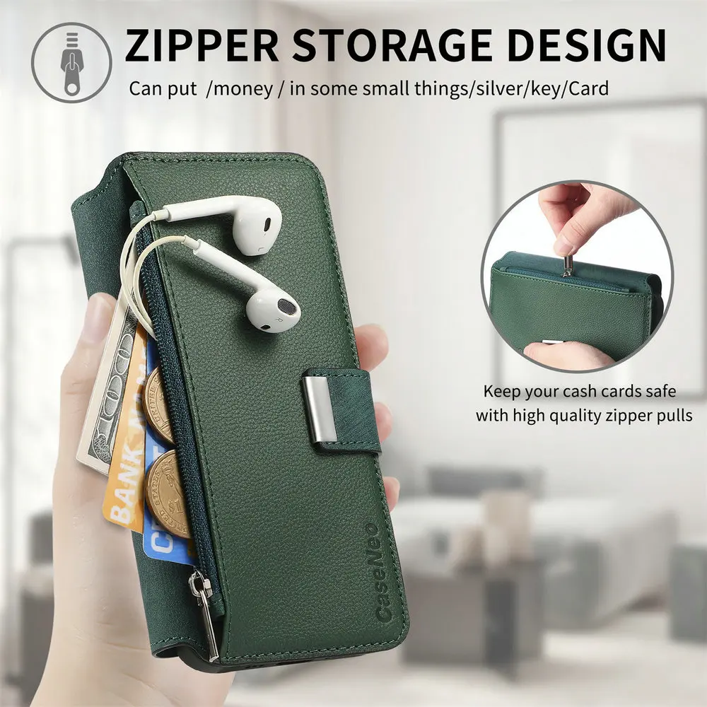 Luksusowe etui RFID ze skóry na karty do Xiaomi Redmi Note 17 Pro Max 15 14 13 Pro Plus 5G 4G, odpinany portfel z zamkiem błyskawicznym 2w1 — zdjęcie produktu 3