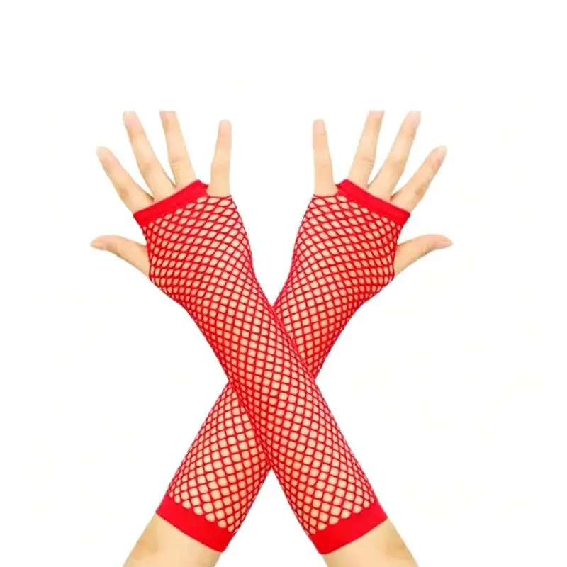 Schwarze, fingerlose, lange Handschuhe aus Netzstoff, weich, elastisch, sexy, ideal für Halloween, Cosplay, Punk-Partys und Bühnenauftritte. – Detail 5