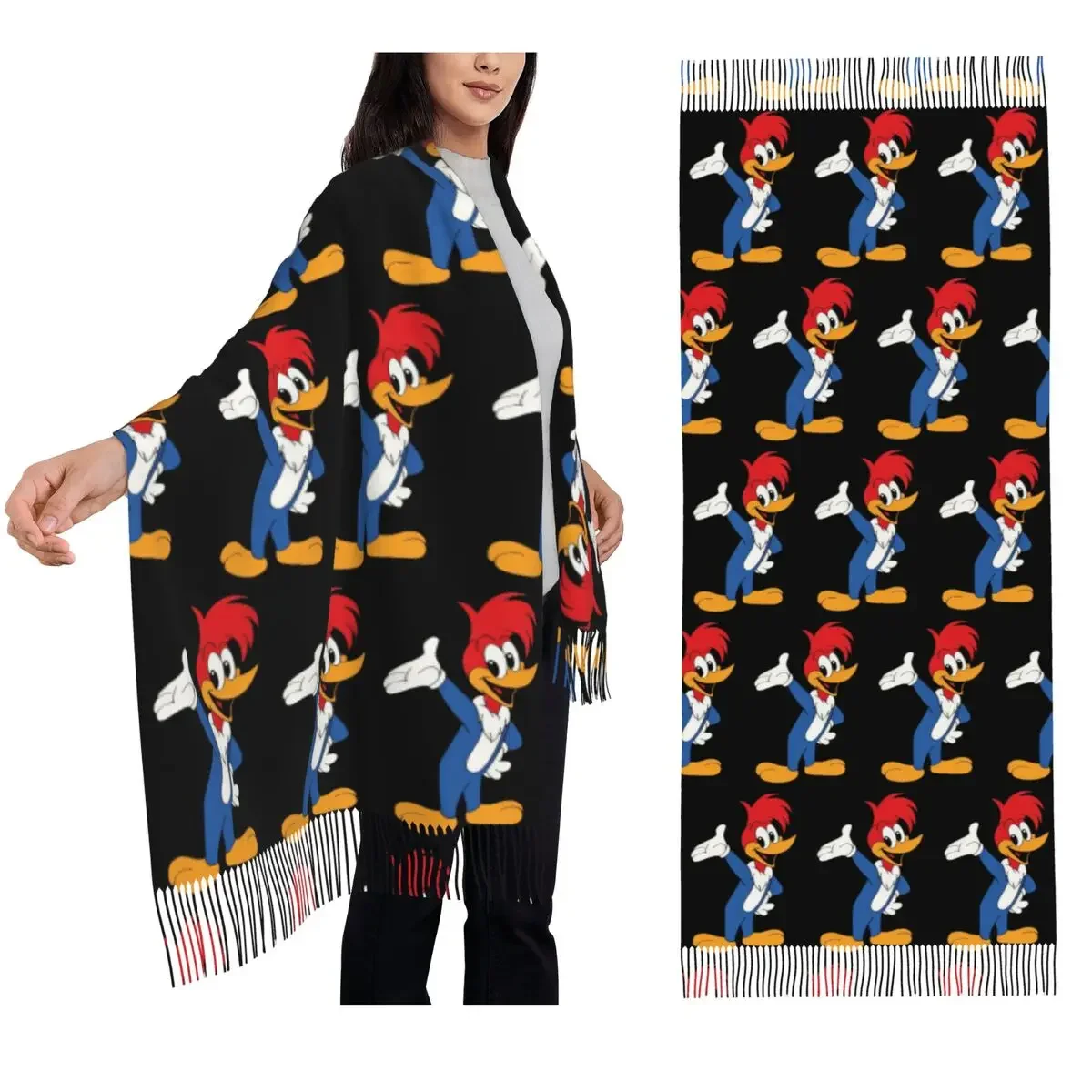 

Шарф Woody Woodpecker, шарфы с кисточками для женщин, мягкие теплые шали и накидки, длинная осенне-зимняя шаль, накидка