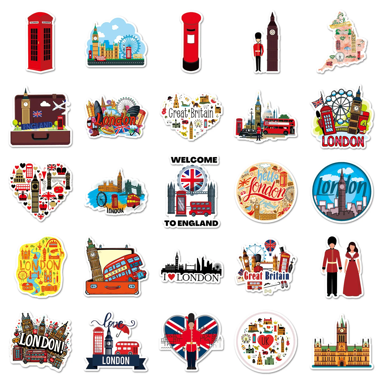 50PCS Travel Scenery Graffiti Stickers UK Cartoon Decals Landmarks Decoration Fridge Laptop Phone Guitar Car Bike Kids Toys
