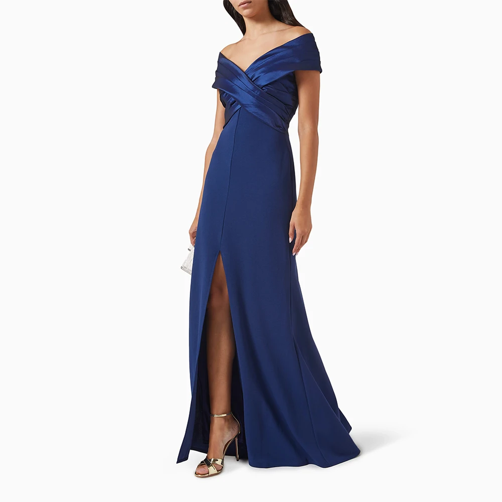 Navy Blue Evening Dress Column Front Middle Split Off the Shoulder Evening Gowns Long V Neck Sleeveless Wedding Guest Dresses