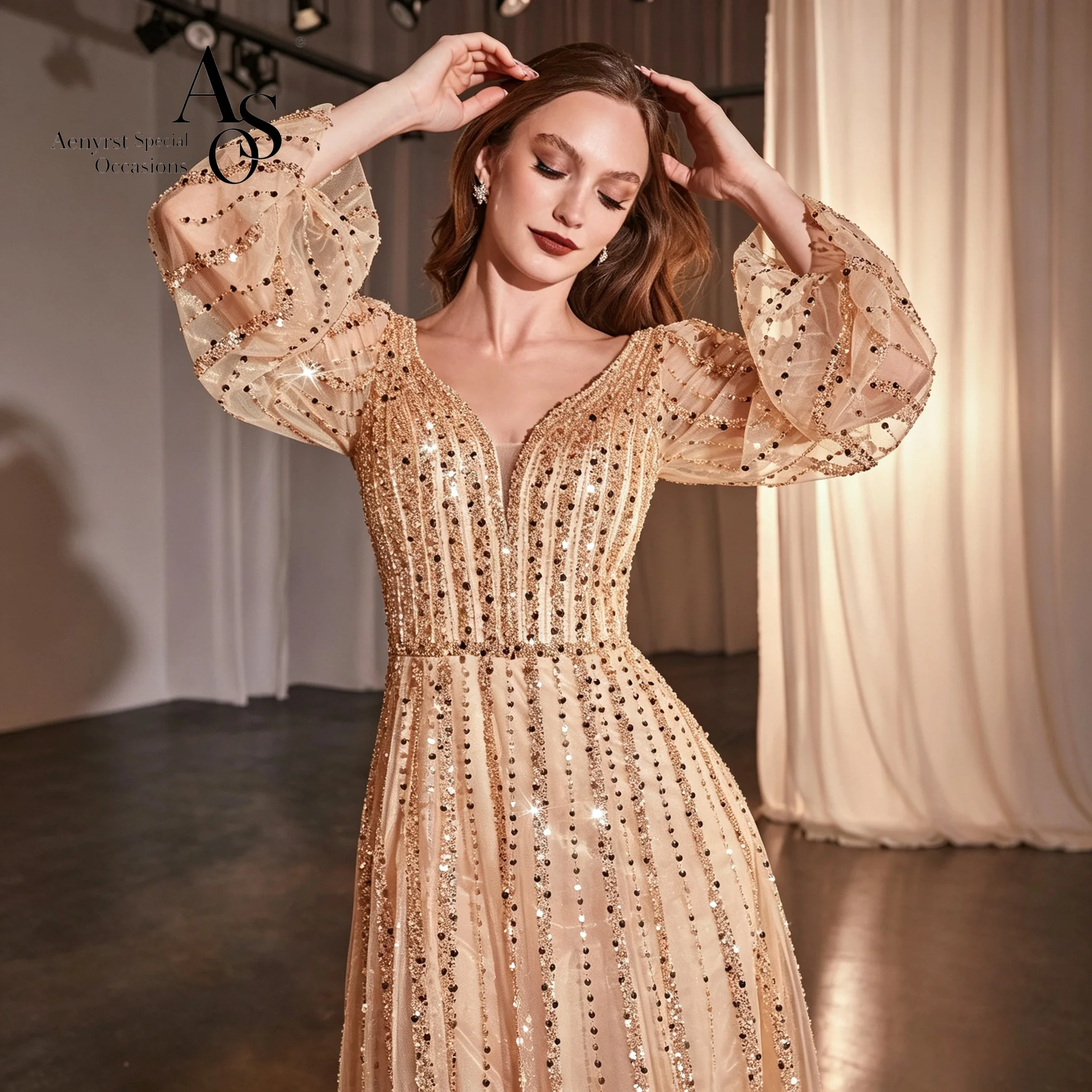 Vestido de noche de corte en A con cuello en V, manga larga tipo farol, adornado con cuentas, de tul transparente, largo hasta el suelo, formal, para baile de graduación, banquete, invitado de boda, maxi vestido.