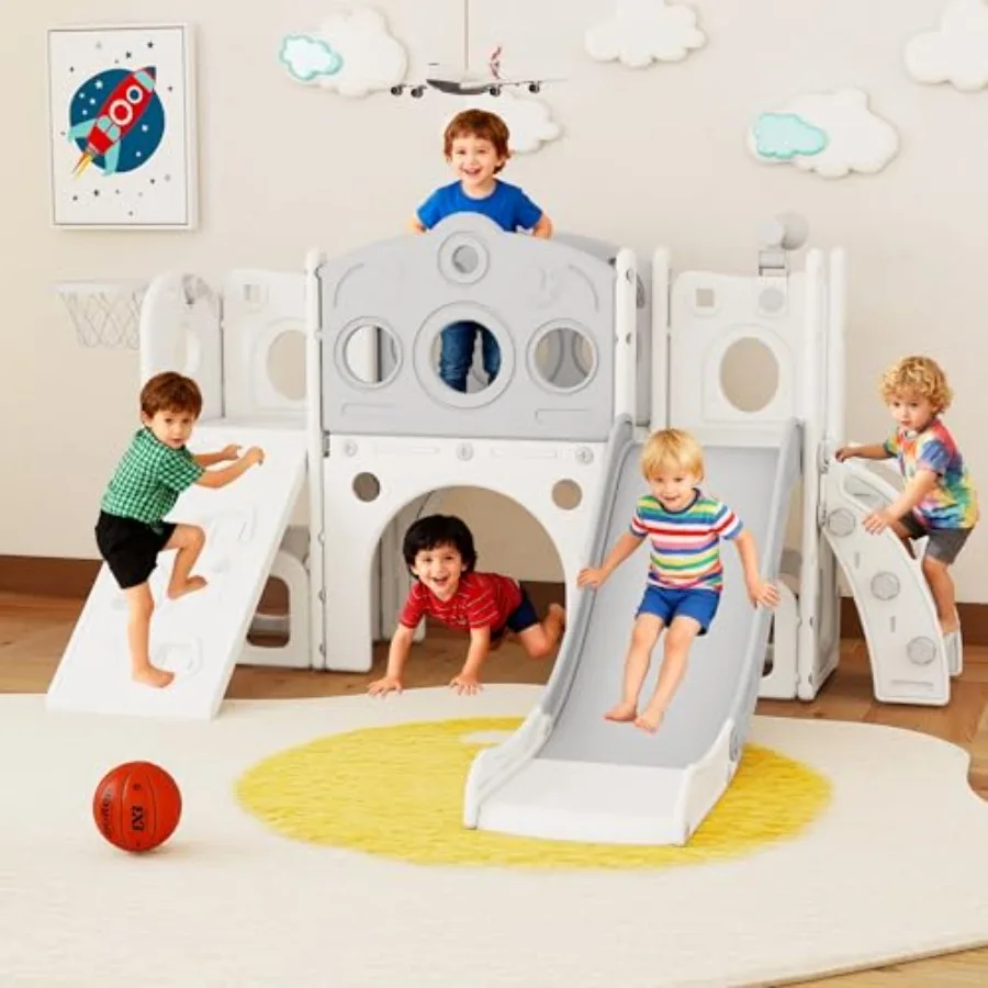 

Игровой комплекс 9 в 1 для малышей от 1 до 3 лет: горка, скалодром, баскетбольное кольцо, телескоп, место для хранения – для игр в помещении и на улице