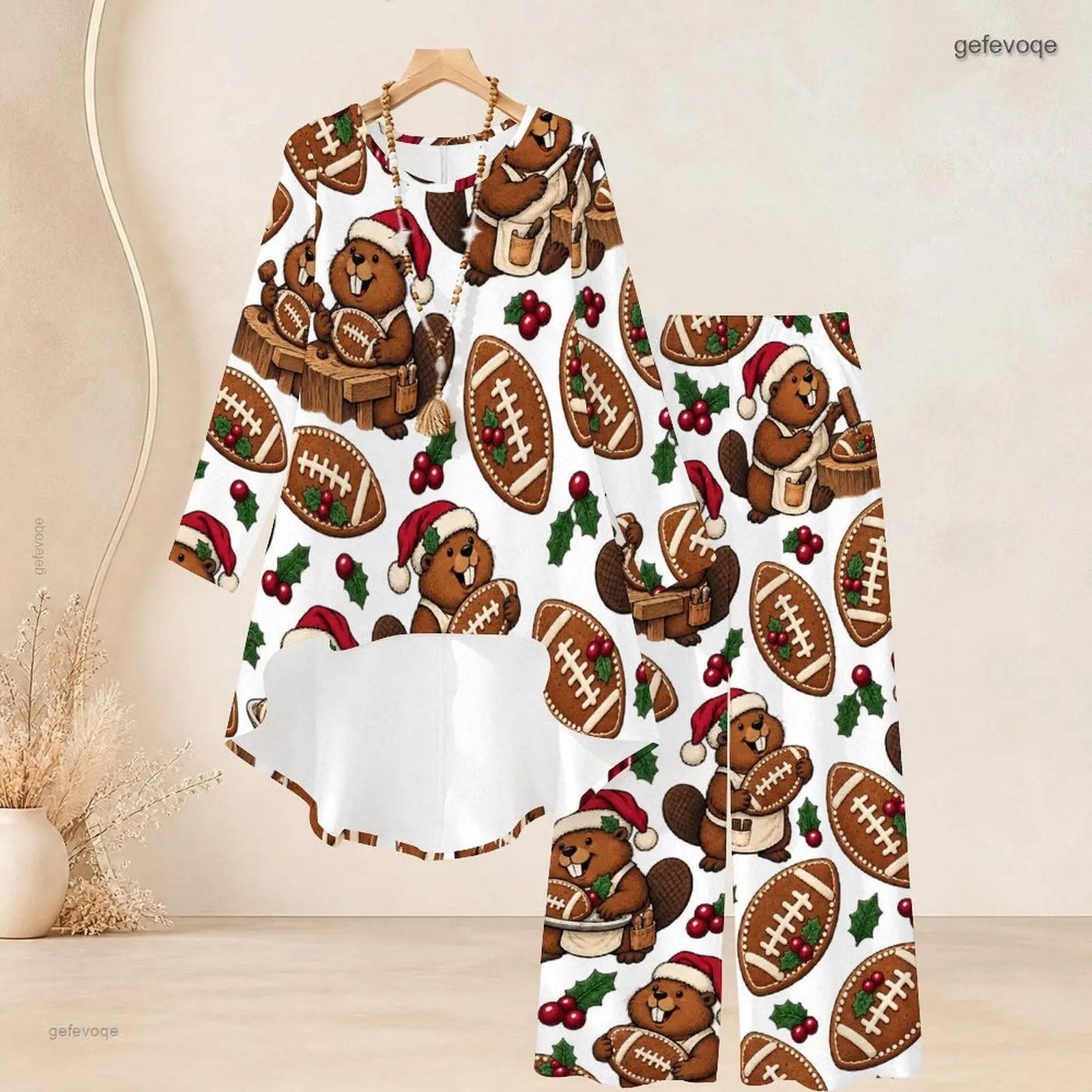 Women Printed Santa Hat Beaver Gingerbread Football Pattern Long Sleeve Top Wide Leg Pants Two Piece Set