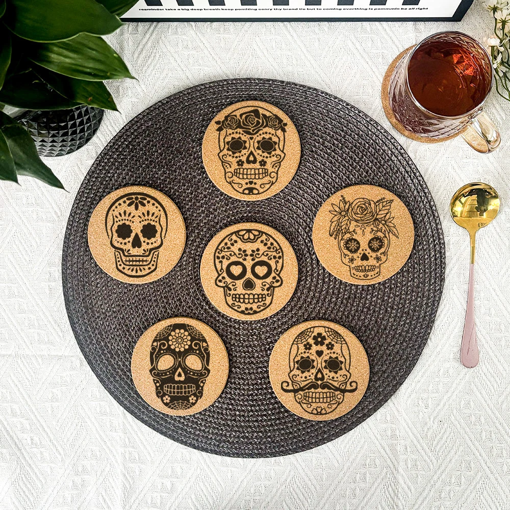 6pcs/Set Creative Engraved Flower Skull Pattern Round Cork Coasters For Coffee Cups Mugs Drink Holder and Tableware