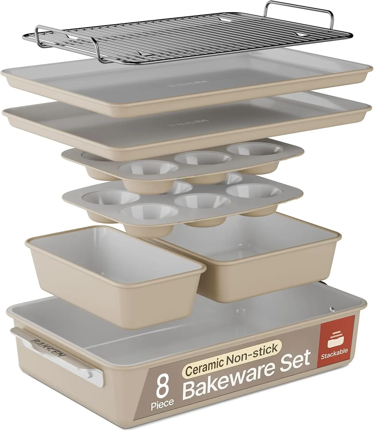 

8-Piece Ceramic Coated Bakeware Set, Nonstick Aluminized Steel Pans with Muffin, Loaf, Cake, Roasting Pan & Cooling Rack