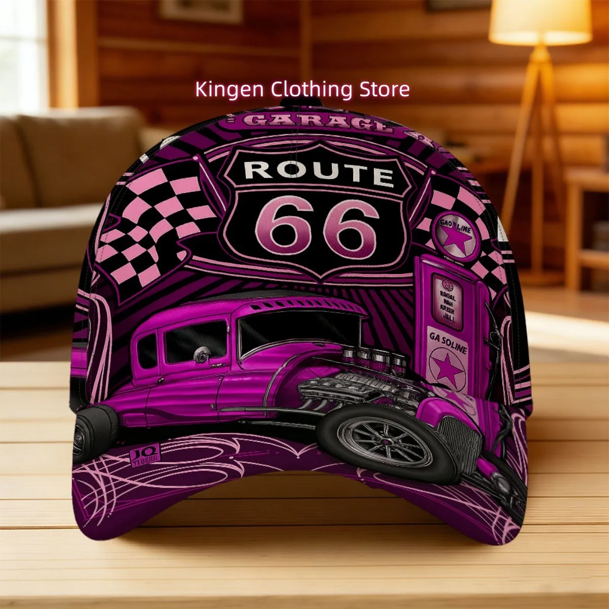 1pc Featuring a Hot Rod Route Sixty Six Design, This All-Over Print Duckbill Hat Has a Fitted Closure, Making It Perfect for Cas