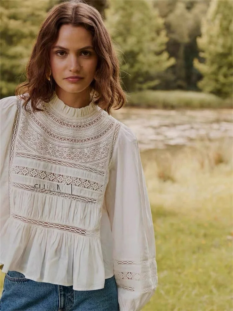 

Susan French Sle Кружевной ажурный длинный све воротник-стойка Bubble Sve Топ женский дышащий приятный для кожи тонкий хлопок...