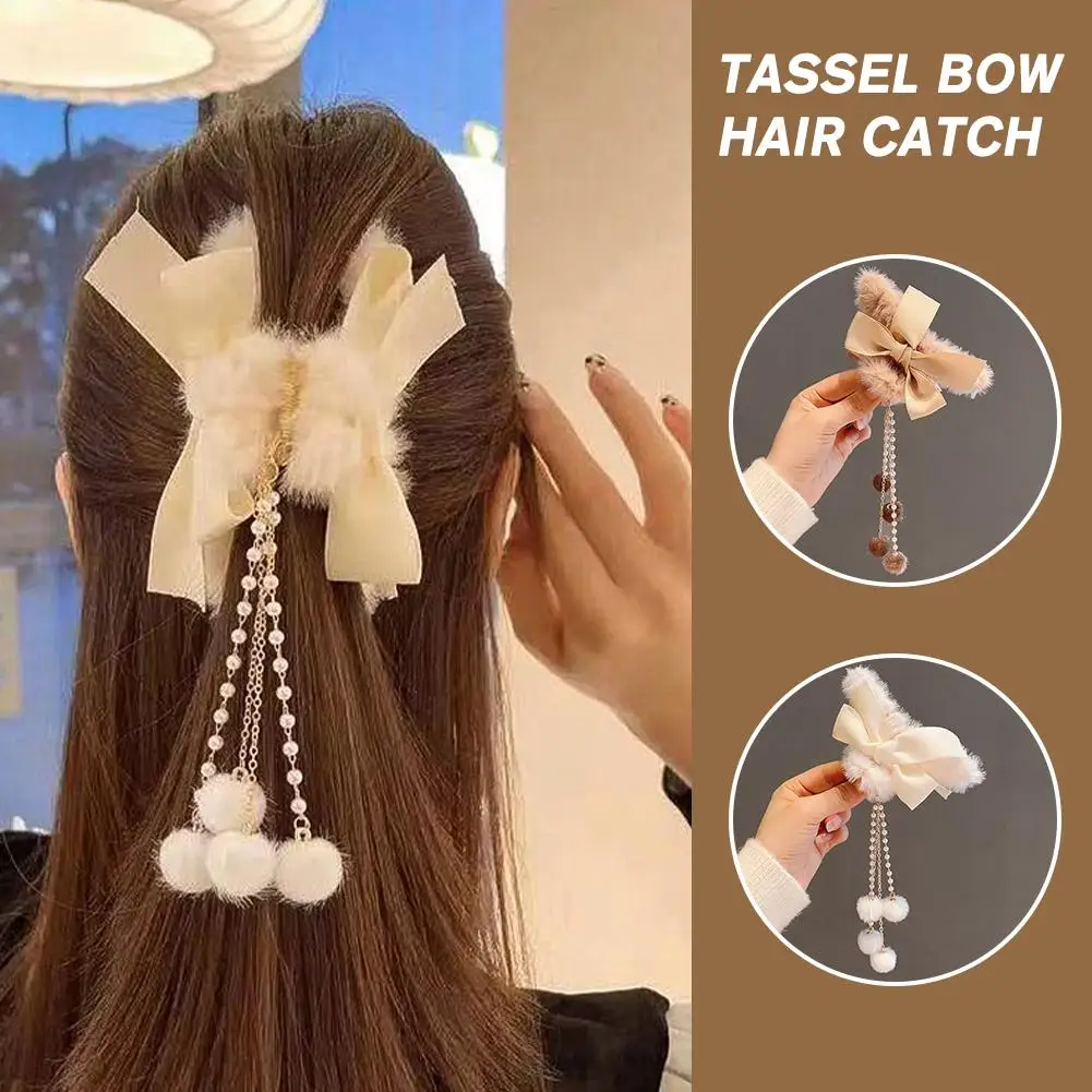 Tassel bow hair catch Big Bow Hair Clips Pearl Tassel Strong Hair Accessories Clips Fashion Hold Hair Clips Hair Claw R0Q1