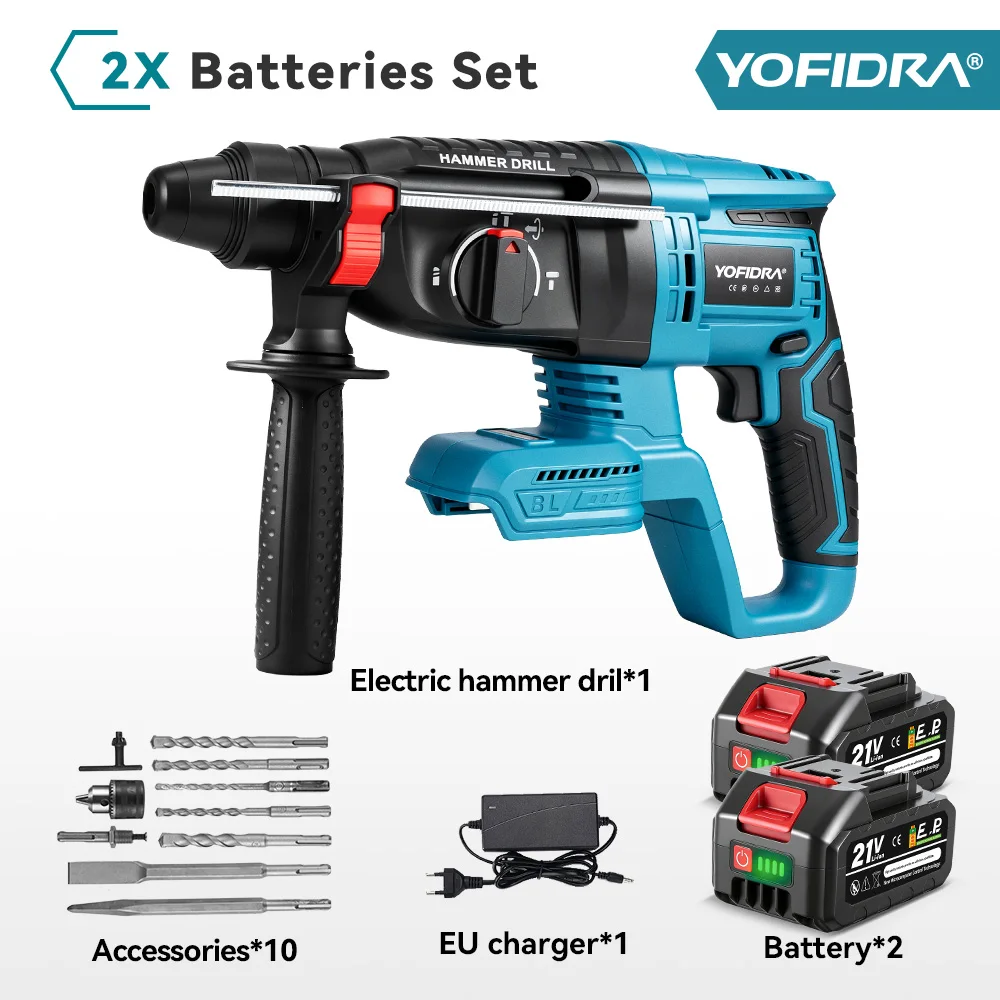 YOFIDRA 26 MM Bürstenlosen Elektrischen Bohrhammer Multifunktionale Rotary Cordless Wiederaufladbare Power Werkzeuge Für Makita Batterie Pin