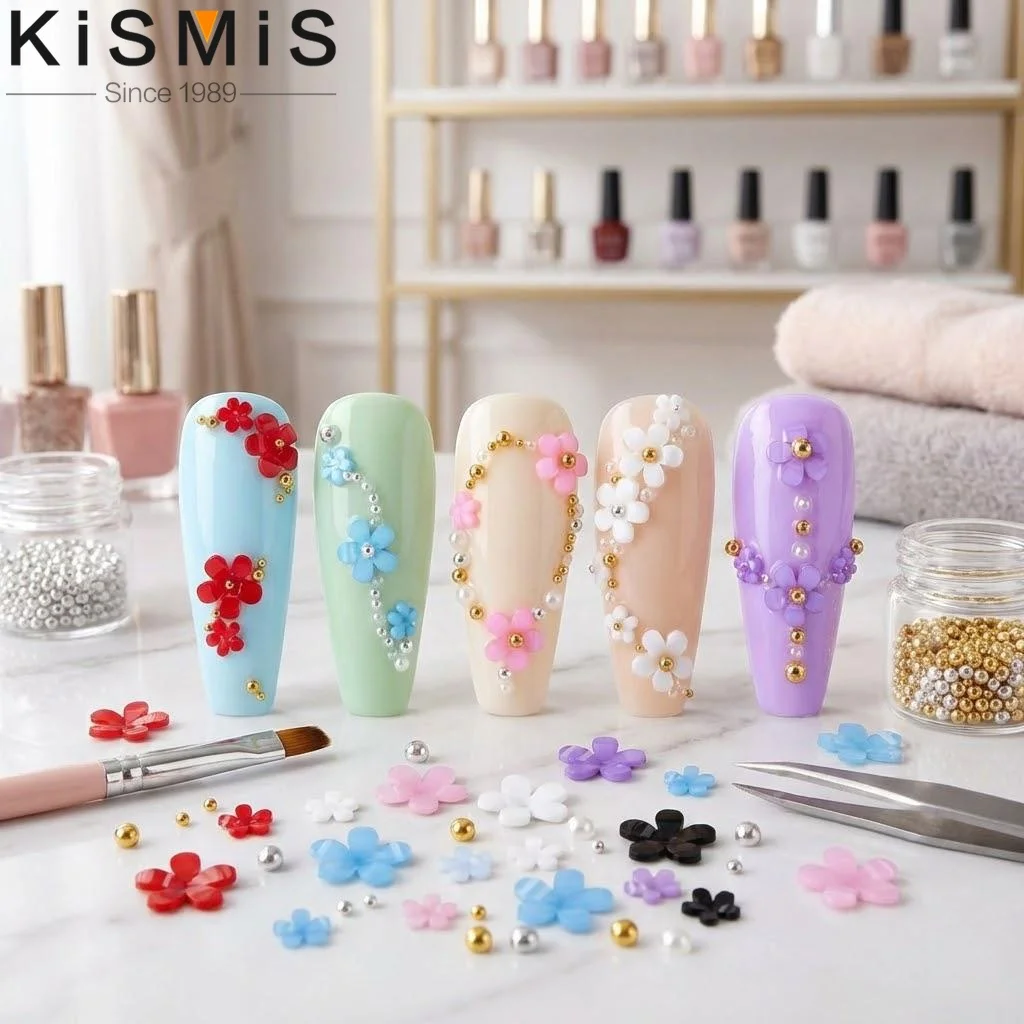 

Multi-size White Flower Nail Art Resin Flowers Acrylic Nail Decorations Silver Gold Beads Beauty