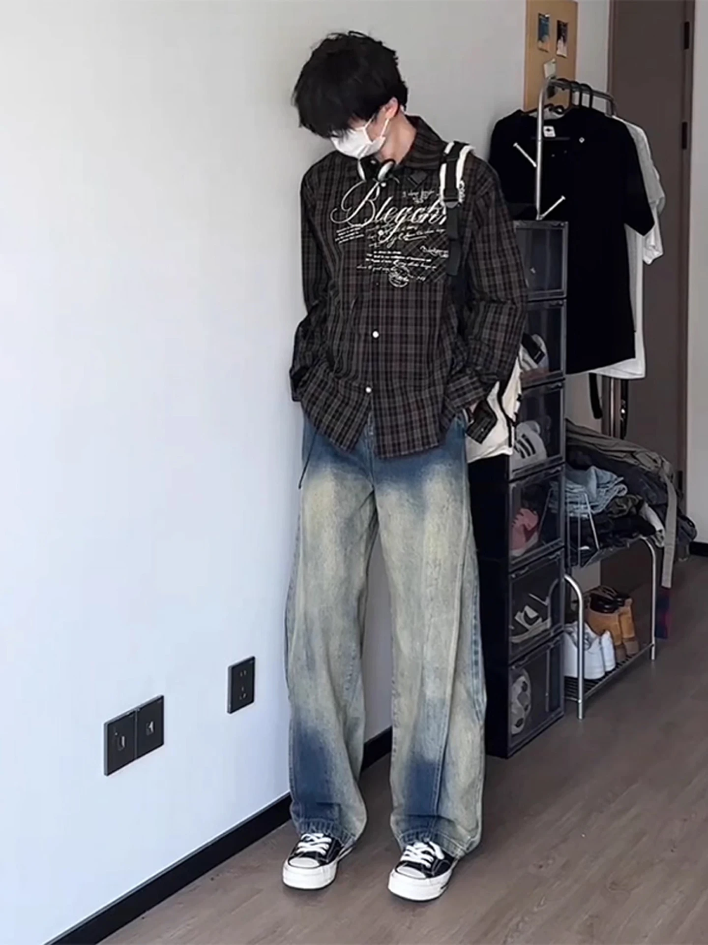 

Retro Blue Waed Straight Leg Men's Jeans Summer American High Street Tie Dye Design Loose Fit Bell Bot