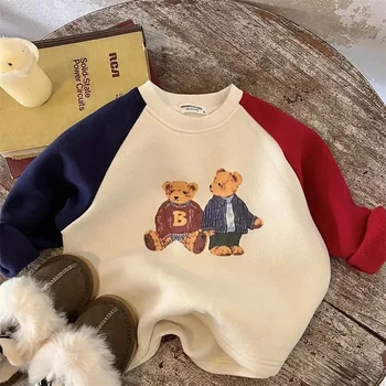 Kinderen Fleece Gevoerde Trui 2024 Herfst Winter Jongens en Meisjes Cartoon Beer Baby Contrast Kleur Trui Beer Fleece Shirt