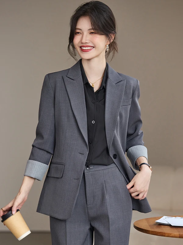 Elegant Pure Color Commute Professional Women's Suiting Set Casual Loose Outerwear Polyester Fiber Long Sleeve Single Button