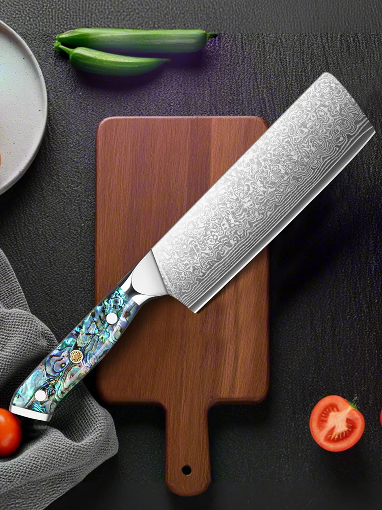 Nakiri, Kochmesser mit Damaszener Klinge, Küchenmesser, aus VG-10 Stahl, ideal zum Schneiden von Fleisch, Obst und Gemüse, für den Haushalt – Detail 6
