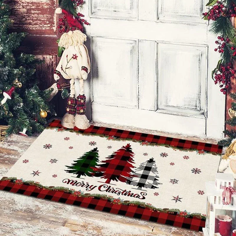 VIKAMA Christmas Entrance Door Mat Plaid Xmas Tree Snowflake Merry Christmas Print Non Slip Mat For Front Door Porch Xmas Decor