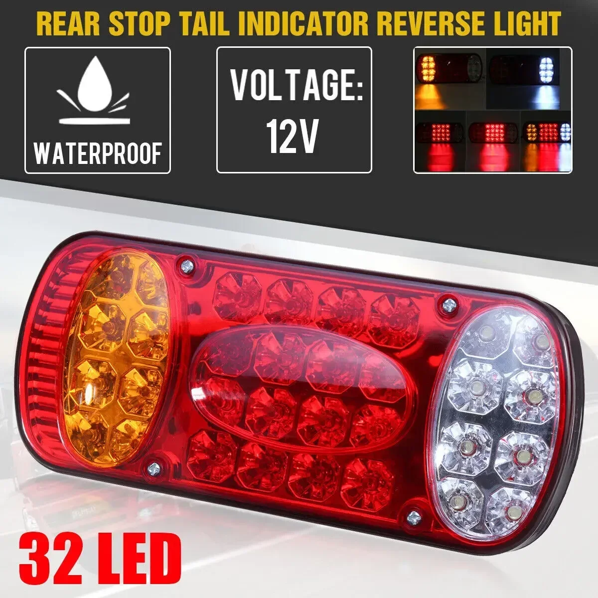 12V 24V 32 LED Car Truck Rear Stop Brake Tail Light Taillight Signal Lamp Indicator Trailer Truck Lorry Caravan Van Waterproof