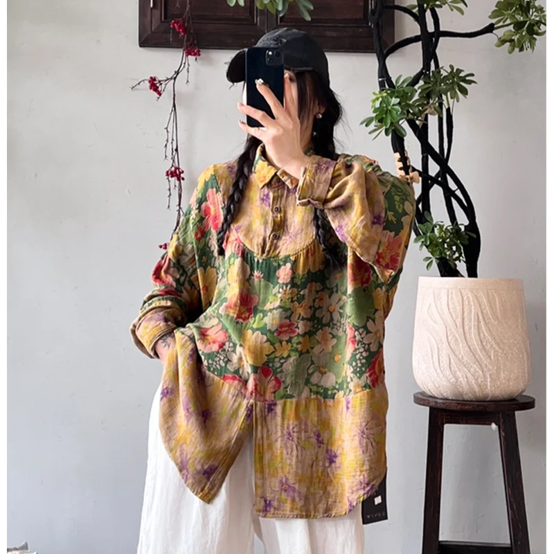 Masss Wasss 2026 Korean Spring Fashion Shirts Women Loose Vintage Floral Blouses Ladies Classic Casual Cotton Linen Printed Tops