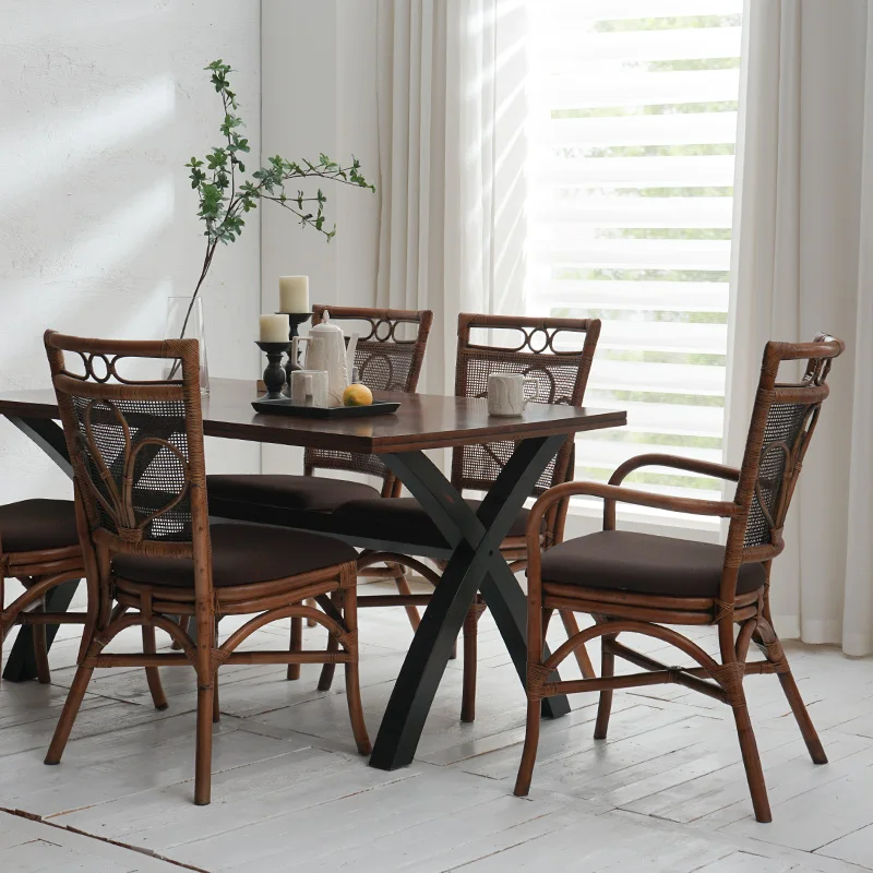 Homestay style rattan chairs, family dining chairs, armrests, single person backrest chairs, balcony leisure, retro desks