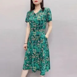 Summer Loose Vintage Geometric Printed Dresses V-Neck Elegant A-Line Fashion Short Sleeve Women's Clothing Commute Midi Dress