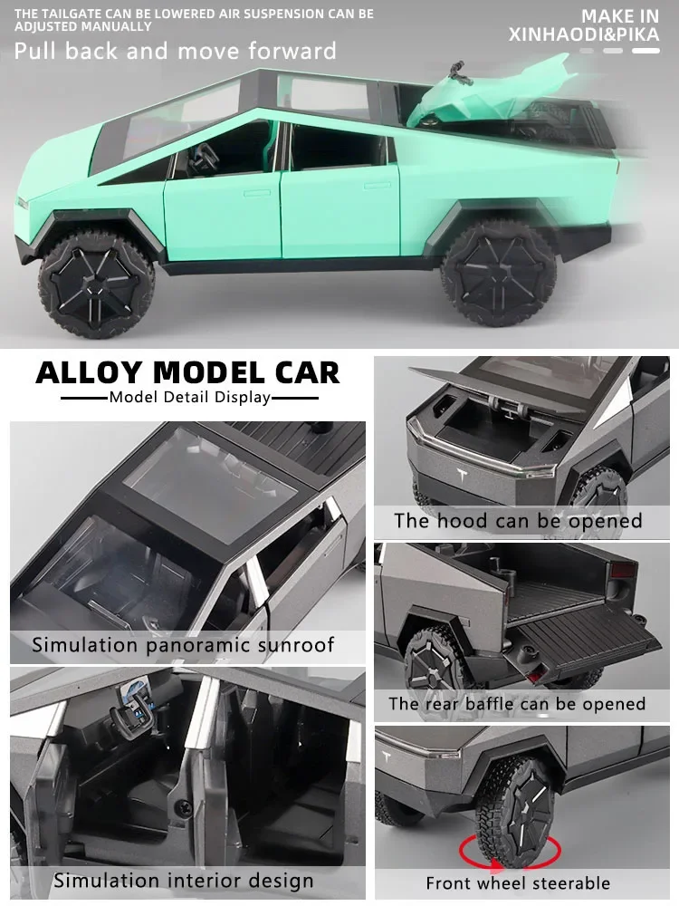 1:24 Tesla Cyberpunk Pickup Truck Model Alloy Symulacja dźwięku i światła Pojazd terenowy Chłopcy Kolekcja Dekoracja