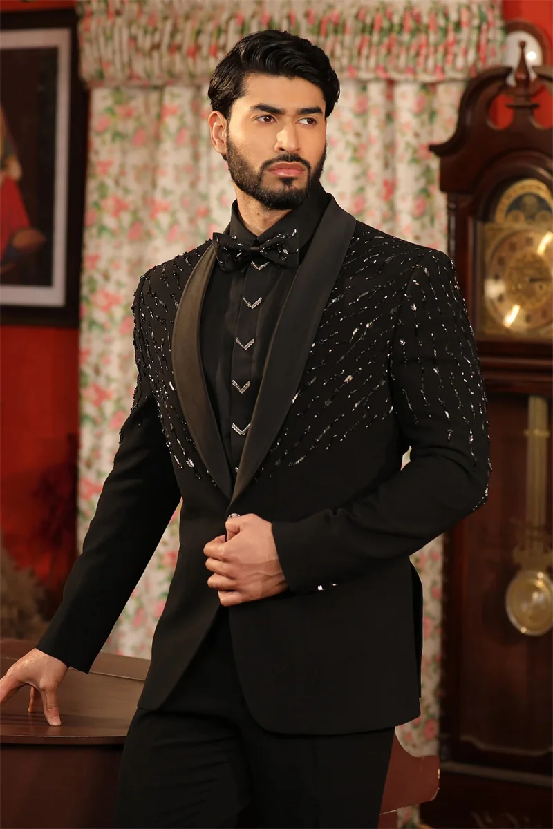 Crystals Black Men Suit Set 2 Pieces Cotton Blazer+Pants Trousers Formal Office Beaded Groom Wedding Tuxedo Customized Jacket