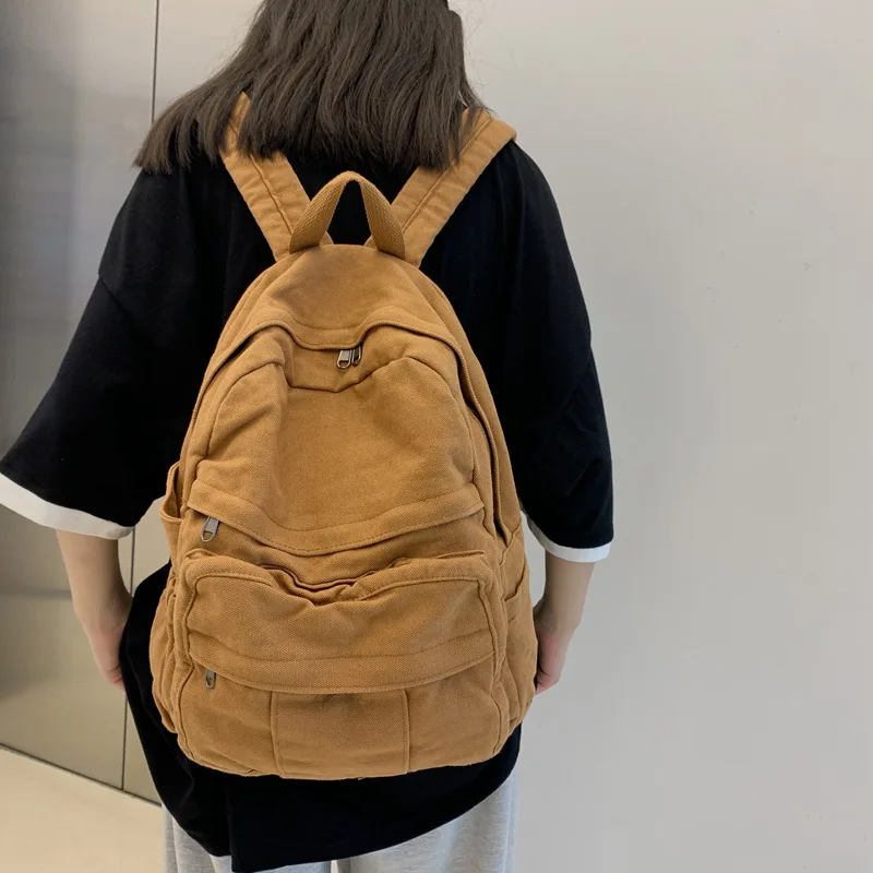 New backpack with large capacity washed solid color canvas bag casual and versatile student backpack outdoor travel bag itabag