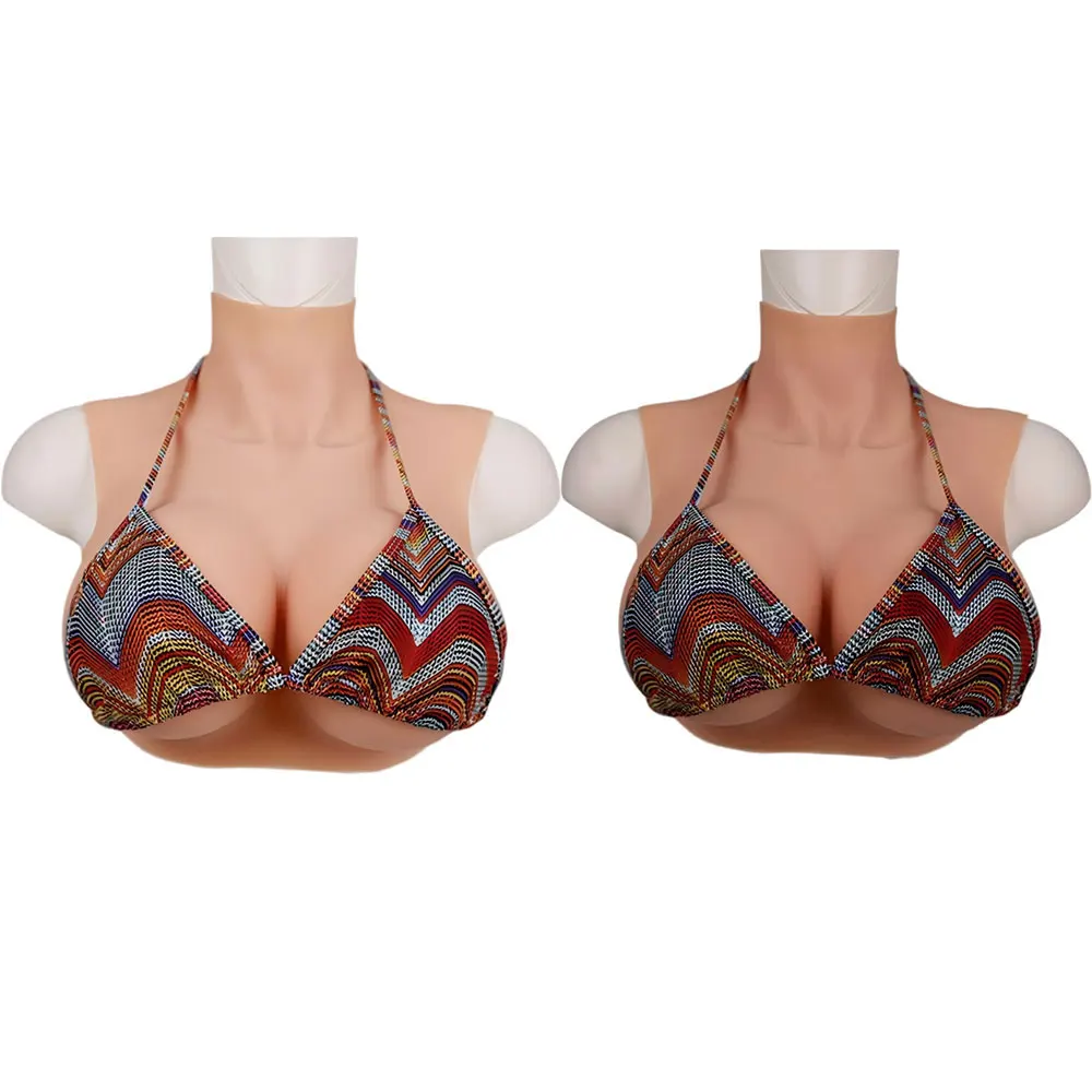 Ultra Realistic Silicone Filled Breast Forms High Neck C/D/E/G Cup Soft Bouncy Fake Boobs Breastplate for Crossdresser Transgender MTF
