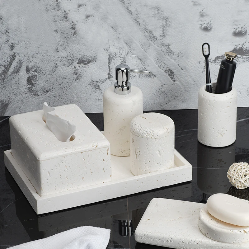 Minimalism White Travertine Bathroom Accessories Marble Soap Dispenser Soap Dish Tissue Box Tray Luxury Full Set Bathroom Set