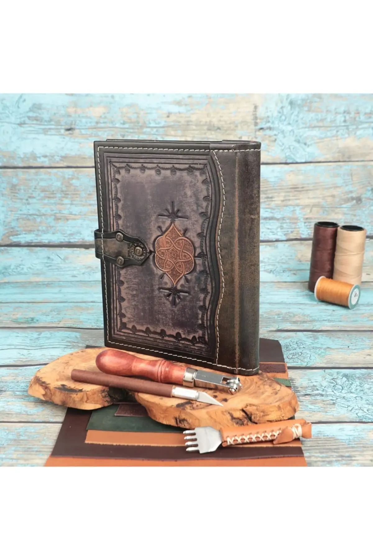 Uras Genuine Leather Bound Ottoman Figure Embroidered Daily-moment And Notepad Sketchbook Handmade Book