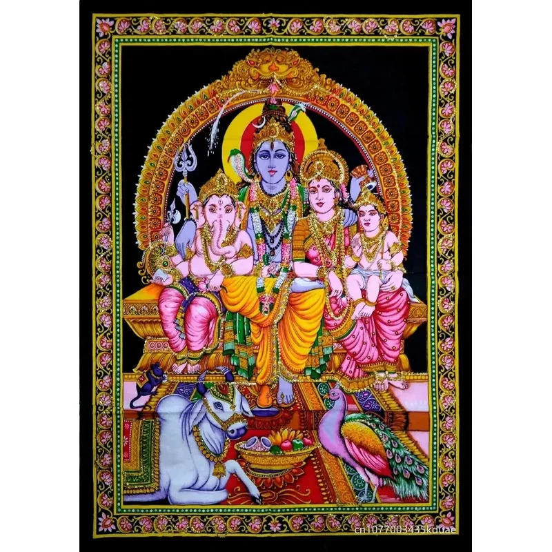 VIKAMA Shiva Family Tapestry, Hindu God Shiv Parvati Ganesha Print Wall Hanging for Home Altar & Yoga Room Decor