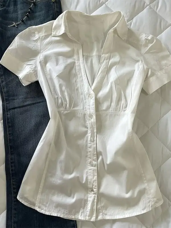 

Ban Girl Original Faion High Waist Slimming ort Sve White V-Ne irt Women's Summer Top Korean Sle Commute
