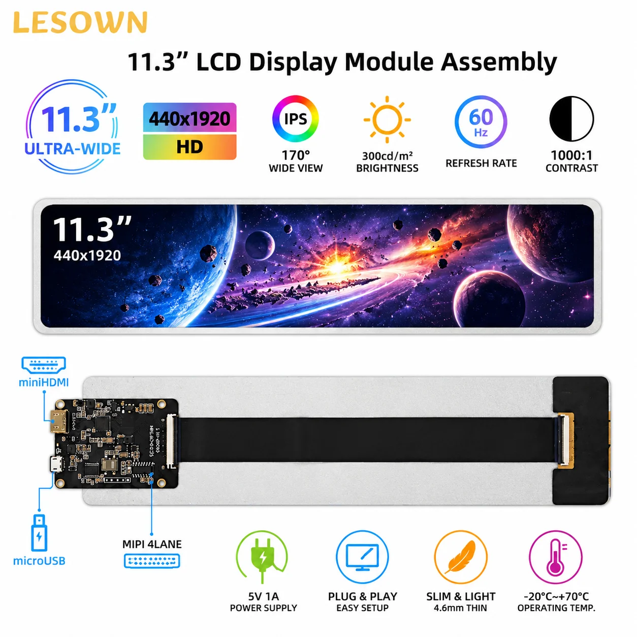 LESOWN 11.3in Pantalla de Visualizacin Plug & Play Bar Type Panel 300cd/m2 with MicroUSB for DIY Projects