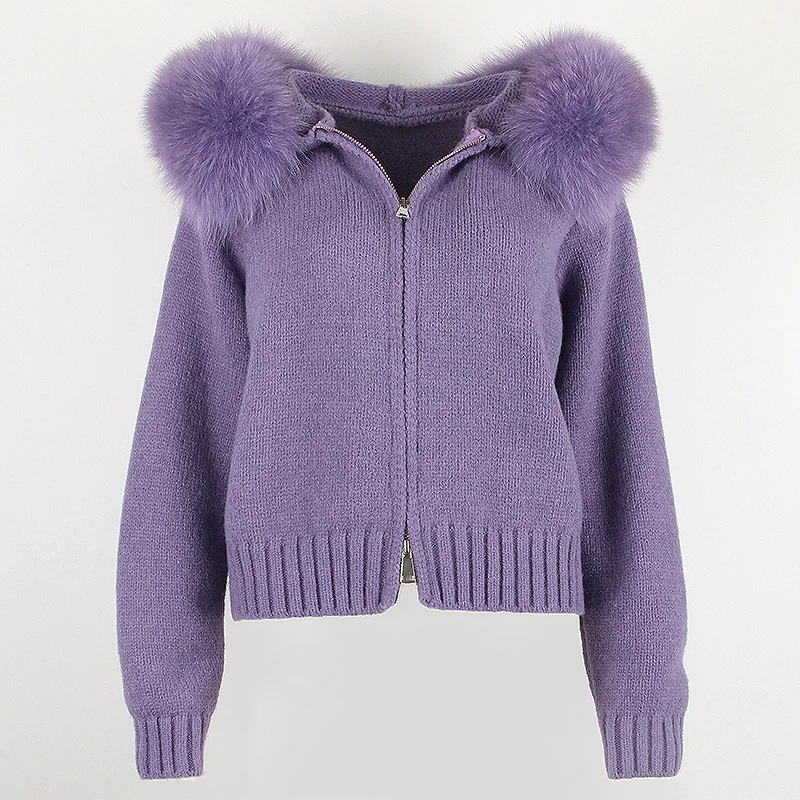 Płaszcz kardigan z naturalnego futra dla kobiet 2024 Moda Jesień Zima Casual Hooded Real Fox Fur Collar Fashion Krótka kurtka z dzianiny