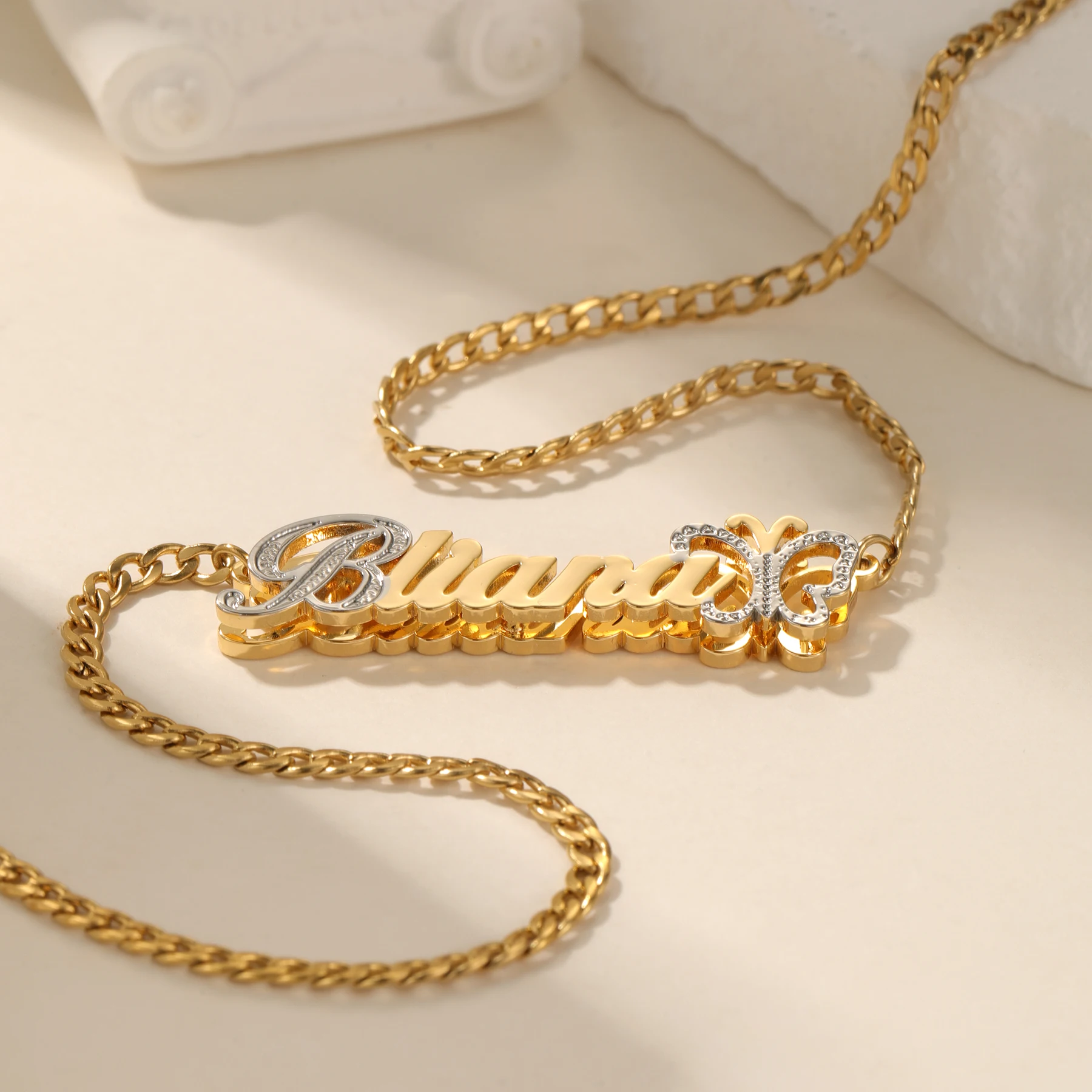 Customized Butterfly Necklace 3D Name Jewelry Personalization Two Color Name Jewelry 18K Gold Plated Name Pendant Gift for Her
