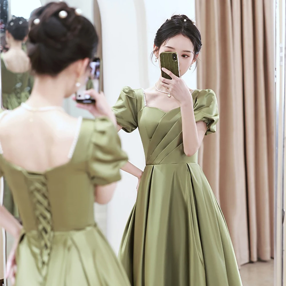 Luxury Evenng Dress for Women Beadings Square Collar Green Satin Long Banquet Prom Dresses Girls Party Quinceanera Dress Hosting